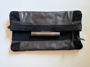 Devi Kroell Black Leather Suede Foldover Clutch Bag Purse Evening Cocktail Italy